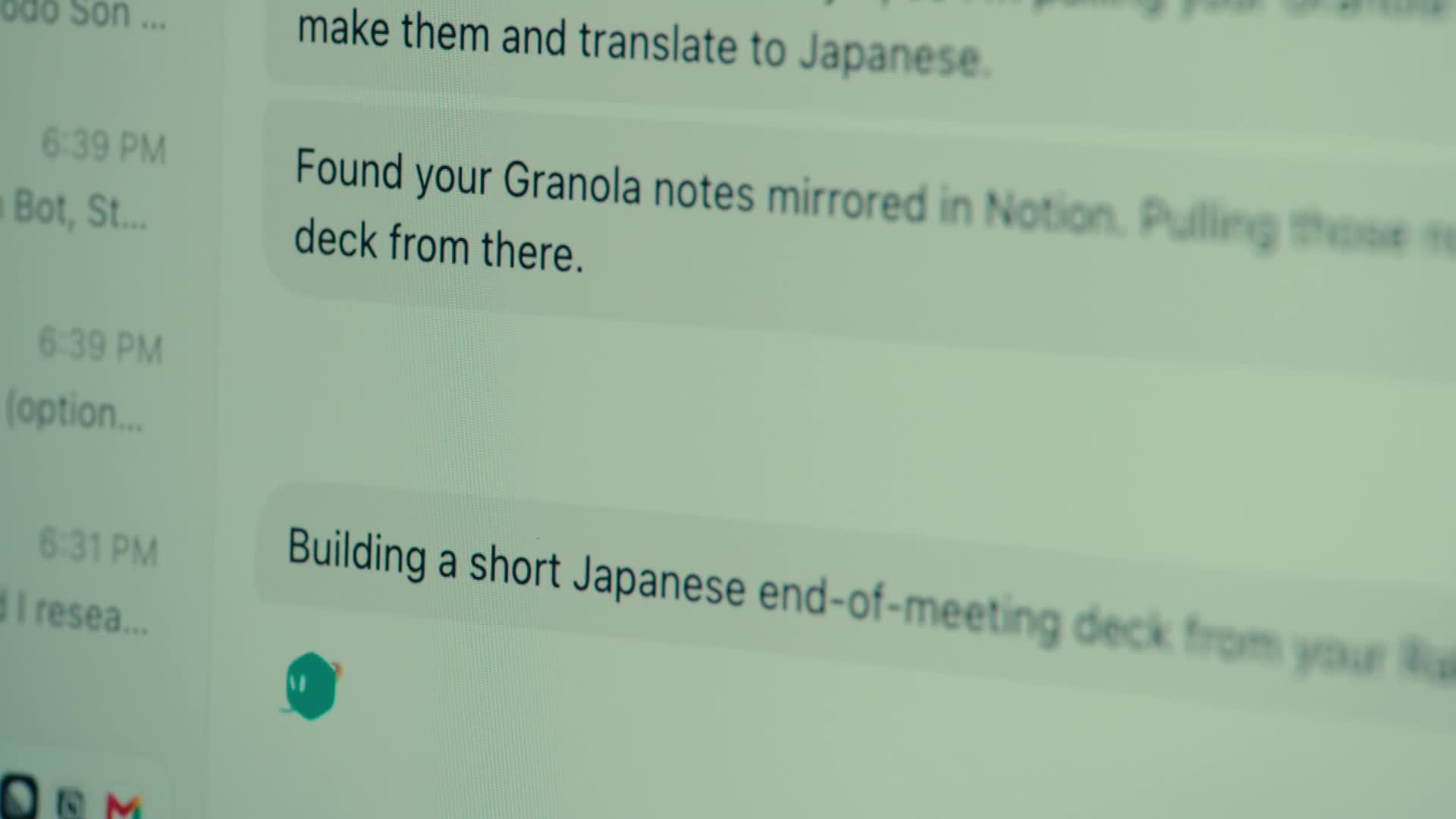 Grok Bot chat showing a bot finding Granola notes and building a deck